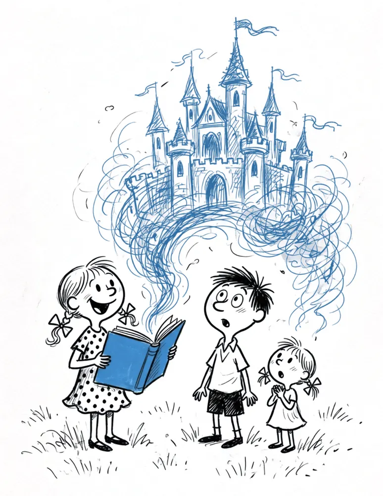 Ink drawing: three children around a blue book, watching a castle take shape in the air above it.