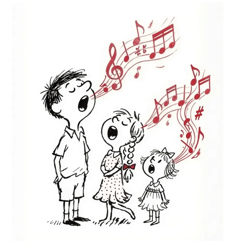 Ink drawing: three children singing together, red music notes rising above them.