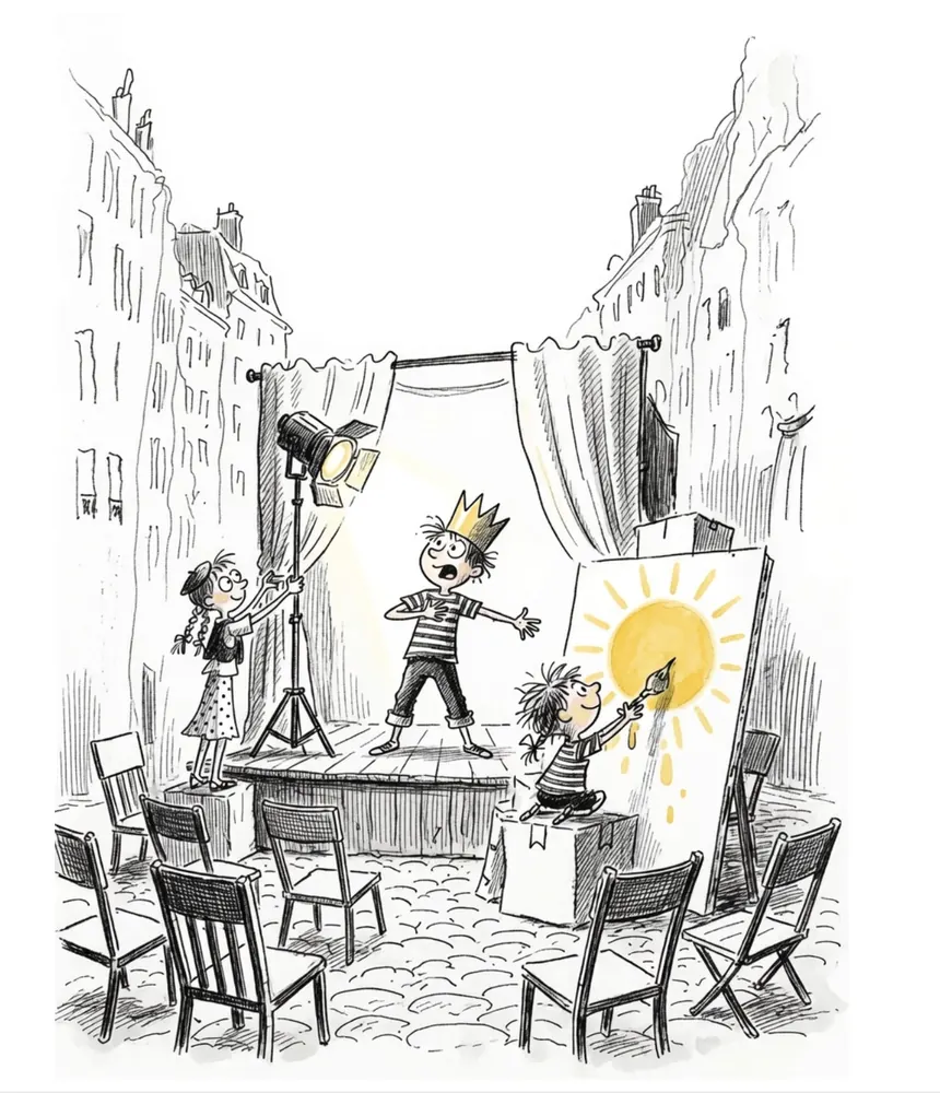 Ink drawing: children put on a play in a street, one painting a bright yellow sun on a backdrop.
